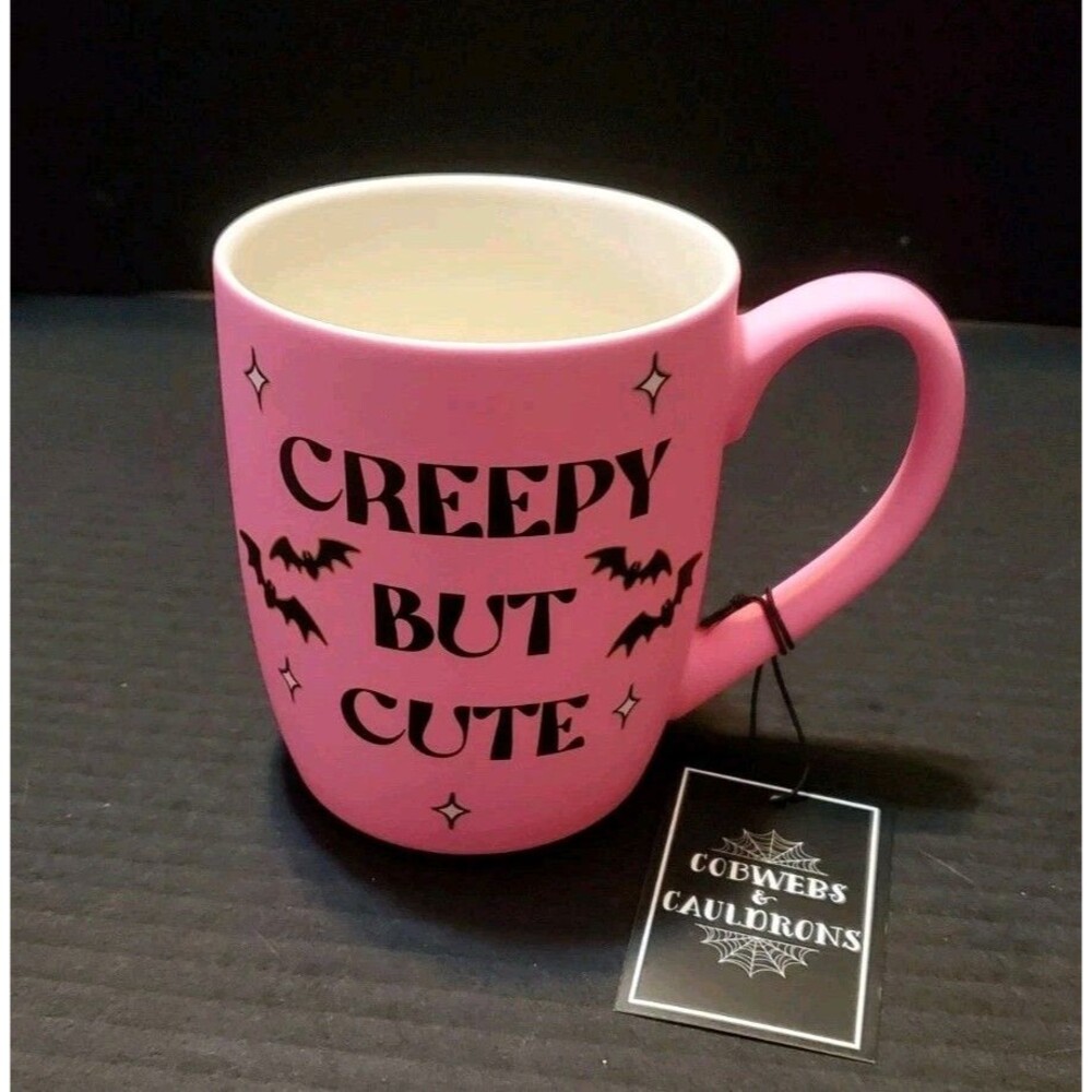 Cobwebs & Cauldrons Pink Creepy But Cute W/ Bats Soft Touch Halloween Mug New